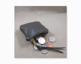 Gray Zippered Coin Purse, Hand Stitched Leather, Size 3x3-inches, for Man or Woman, Tough USA Brass Zipper, Strong and Sturdy