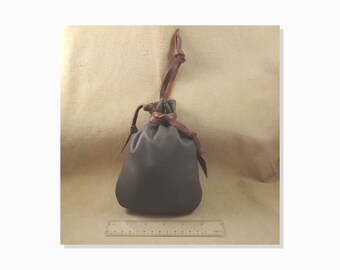 Leather Bag with Leather Drawstring, Size 5x7-in, Rugged Old Fashioned Pouch, Dk Gray, Hand Stitched, Heavy Duty for Rocks, Stones, etc.
