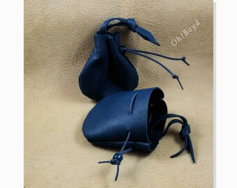 Little Drawstring Pouches, Size 3-1/2 x 3-inches, Color Blue - Soft Strong Leather Stitched by Hand - for Gifts, Gemstones, Crystals, Coins