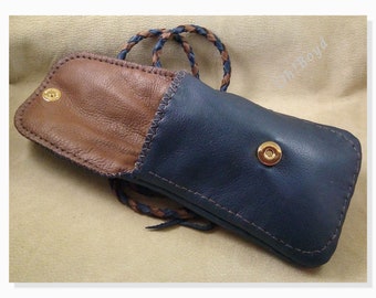 Leather Cross Body Bag, Navy Blue and Brown, Protection for Large Smart Phone with Room for Essentials, Hand Stitching and Braided Strap