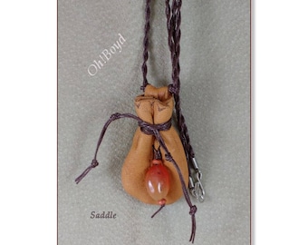 Necklace Pouch - Hand Stitched Deerskin with Agate Pendant for Gazing and Meditation, Choose Pouch Color, Carry Spiritual Items, Mementos