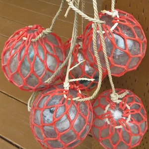 Antique Japanese Glass Fishing FLOATS 3.5&quot; Netted (5) in Experimental Post-War Plastic Orange-Red Nets Vntg!