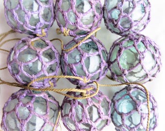 Japanese Glass Fishing Floats Total:9 Varied Hues Purple Netted Lot-9 Antiques!