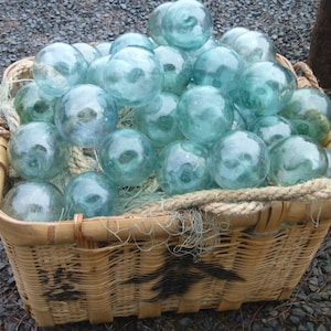 Vintage Japanese Glass FLOATS (approx.) 3&quot; Lot of 9 Ocean Fishing Decor Authentic Artisan Blue-Green Aqua Shades