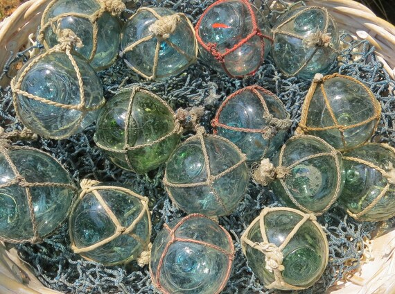Vintage Japanese Glass FLOATS 2 Lot of 7 NETTED Ocean Fishing Decor  Authentic Artisan Blue-green Aqua Shades 