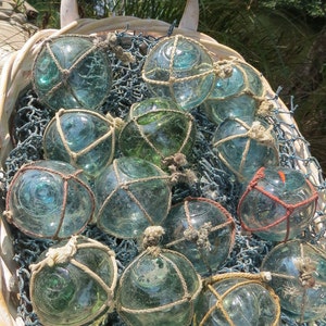 Vintage Japanese Glass FLOATS 2 Lot of 15 NETTED Ocean Fishing Decor Authentic Artisan Blue-Green Aqua Shades image 8