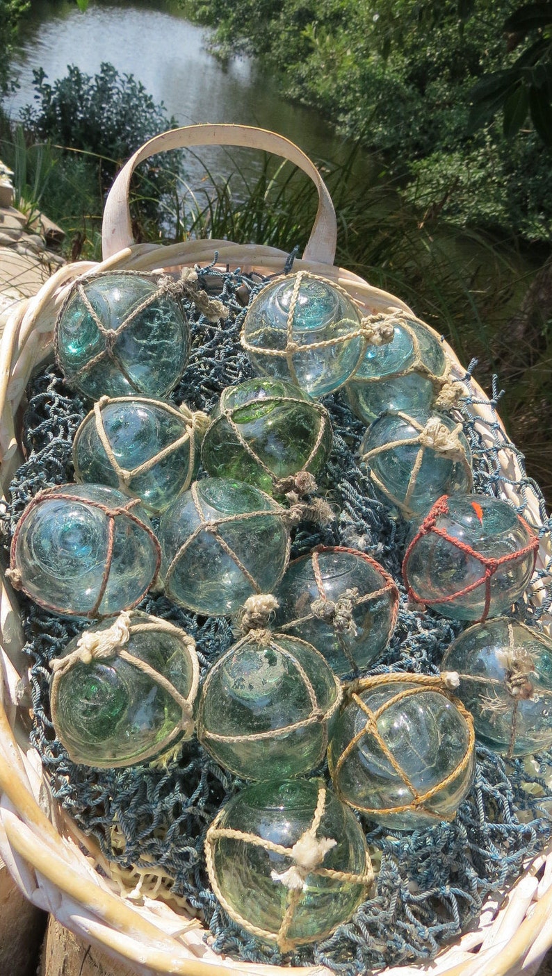 Vintage Japanese Glass FLOATS 2 Lot of 15 NETTED Ocean Fishing Decor Authentic Artisan Blue-Green Aqua Shades image 8