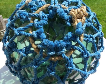 Japanese Blown Glass Float 10"D XL Deep Sea Green Netted in Blue Antique Tiki Yard Garden Art 23T