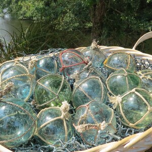 Vintage Japanese Glass FLOATS 2 Lot of 15 NETTED Ocean Fishing Decor Authentic Artisan Blue-Green Aqua Shades image 2