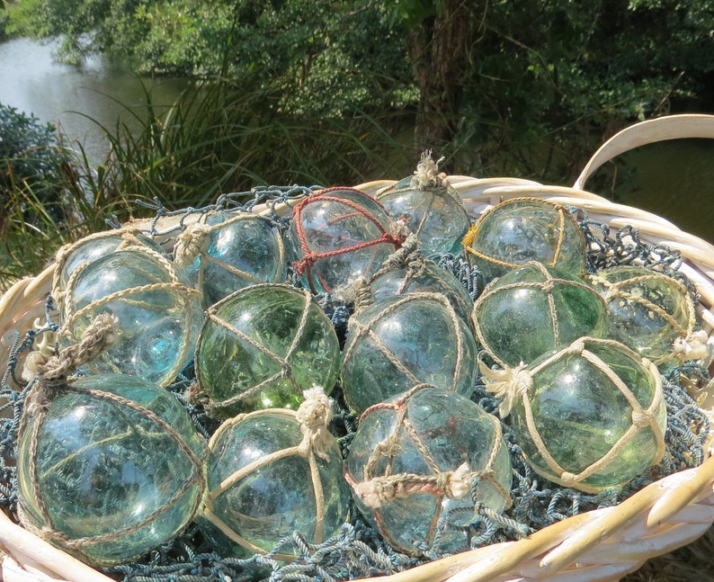 Vintage Japanese Glass FLOATS 2 Lot of 15 NETTED Ocean Fishing Decor Authentic Artisan Blue-Green Aqua Shades image 2