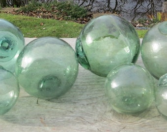Japanese Blown Glass Floats Lot of 7 Mixed: (4) 3&quot;& (3) 2&quot; SEA-GREEN Shades Ocean Fishing Decor Authentic Artisan ANTIQUES!
