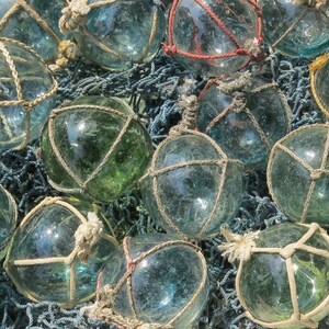 Vintage Japanese Glass FLOATS 2 Lot of 15 NETTED Ocean Fishing Decor Authentic Artisan Blue-Green Aqua Shades image 3