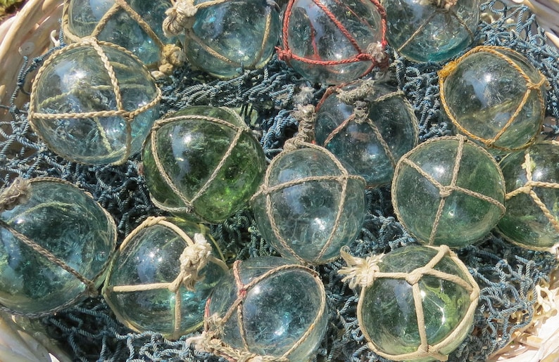 Vintage Japanese Glass FLOATS 2 Lot of 15 NETTED Ocean Fishing Decor Authentic Artisan Blue-Green Aqua Shades image 3