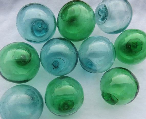 Japanese Glass Blown Fishing 2 FLOATS Lot-10 Mixed Aqua-blue
