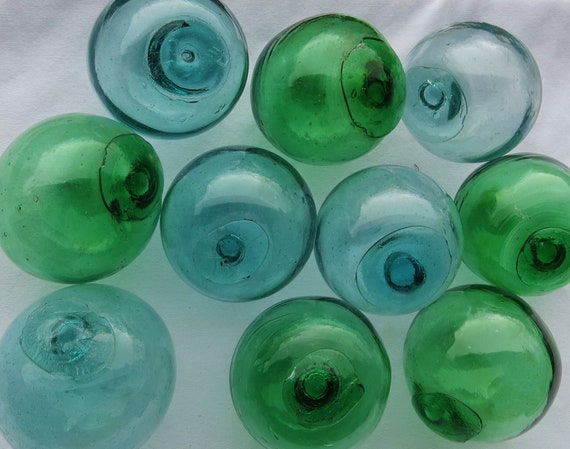 Buy Japanese Glass Blown Fishing 2 FLOATS Lot-10 Mixed Aqua-blue & Emerald- green baubles of the Sea Antiques Online in India 