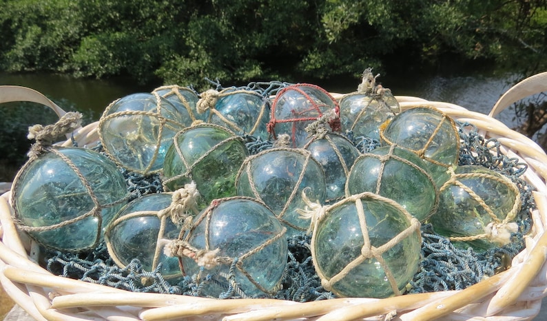 Vintage Japanese Glass FLOATS 2 Lot of 15 NETTED Ocean Fishing Decor Authentic Artisan Blue-Green Aqua Shades image 4