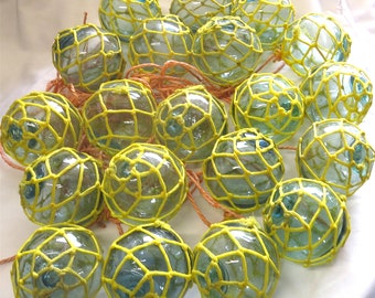 Japanese Glass Fishing FLOATS 3-3.5" Lot-20 PLASTIC NETTED in Yellow w/Orange Long Strings Nautical Decor Craft Bulk Antiques!