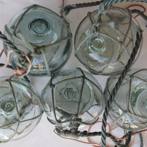 Japanese Glass FLOATS 2&quot; Lot-5 Netted Aqua Shades Attachment Line Remnants Still Attached Ocean Fishing Artisan Antique!