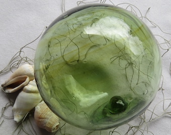 Japanese Blown Glass Fishing FLOAT 3" Pale Sea Green w/Moss Green SWIRLS Maker's Mark +Net & Shells