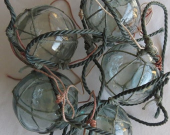 Japanese Glass FLOATS 2" Lot-5 Netted Aqua Shades Attachment Line Remnants Still Attached Ocean Fishing Artisan Antique!