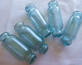 Japanese Glass Floats 5 inch Length ROLLING PIN Lot-5 FIVE Ocean Fishing Decor Rollers Artisan-Blown Balls Blue-Green Aqua Shades Vintage!