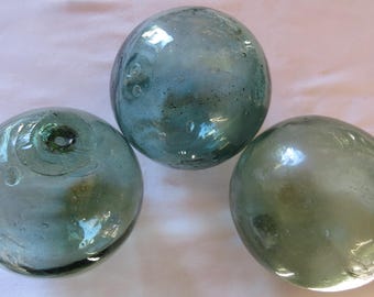 Japanese Glass Fishing Floats 5"D (Set of 3) Varied Shades: Moss Green/Aquamarine/Sea Green Maritime Relics~ Antiques!