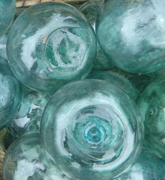 Vintage Japanese Glass FLOATS 2 Lot of 5 Ocean Fishing Decor Authentic  Artisan Blue-green Aqua Shades 