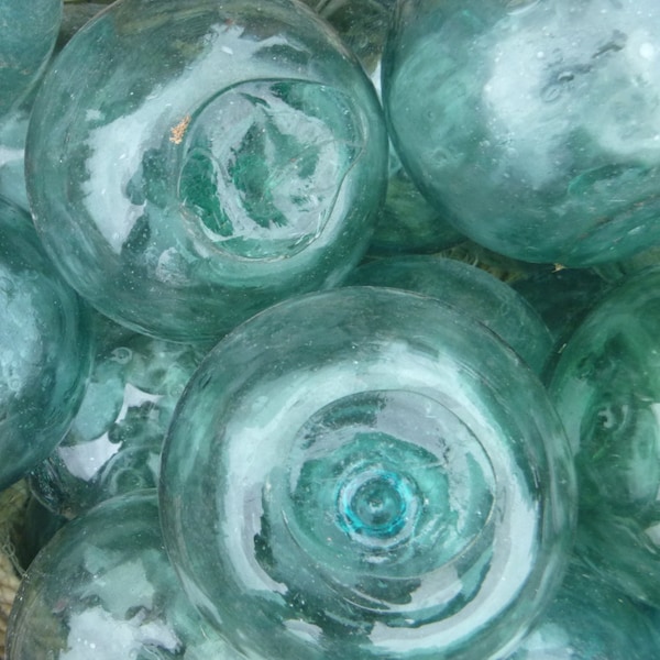 Vintage Japanese Glass FLOATS 2" Lot of 5 Ocean Fishing Decor Authentic Artisan Blue-Green Aqua Shades