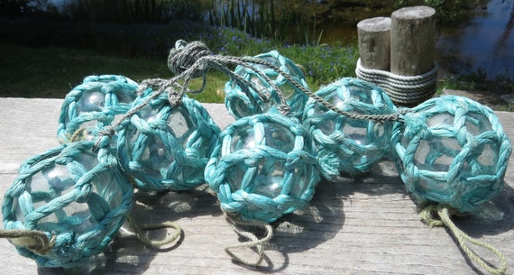 Vintage Japanese BLOWN Glass FLOATS Blue-green Aqua 2.5 Lot of 7 Aquamarine  NETTED Long-string Ocean Rope Fishing Tiki Decor -  Australia