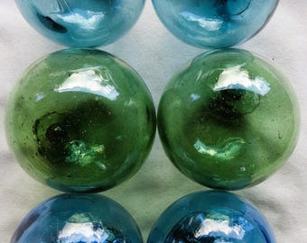 Japanese Blown Glass Fishing Floats (6) approx. 3-3.5"D in Dramatic Shades: Sea Green/Aquamarine/Sky Blue Antiques