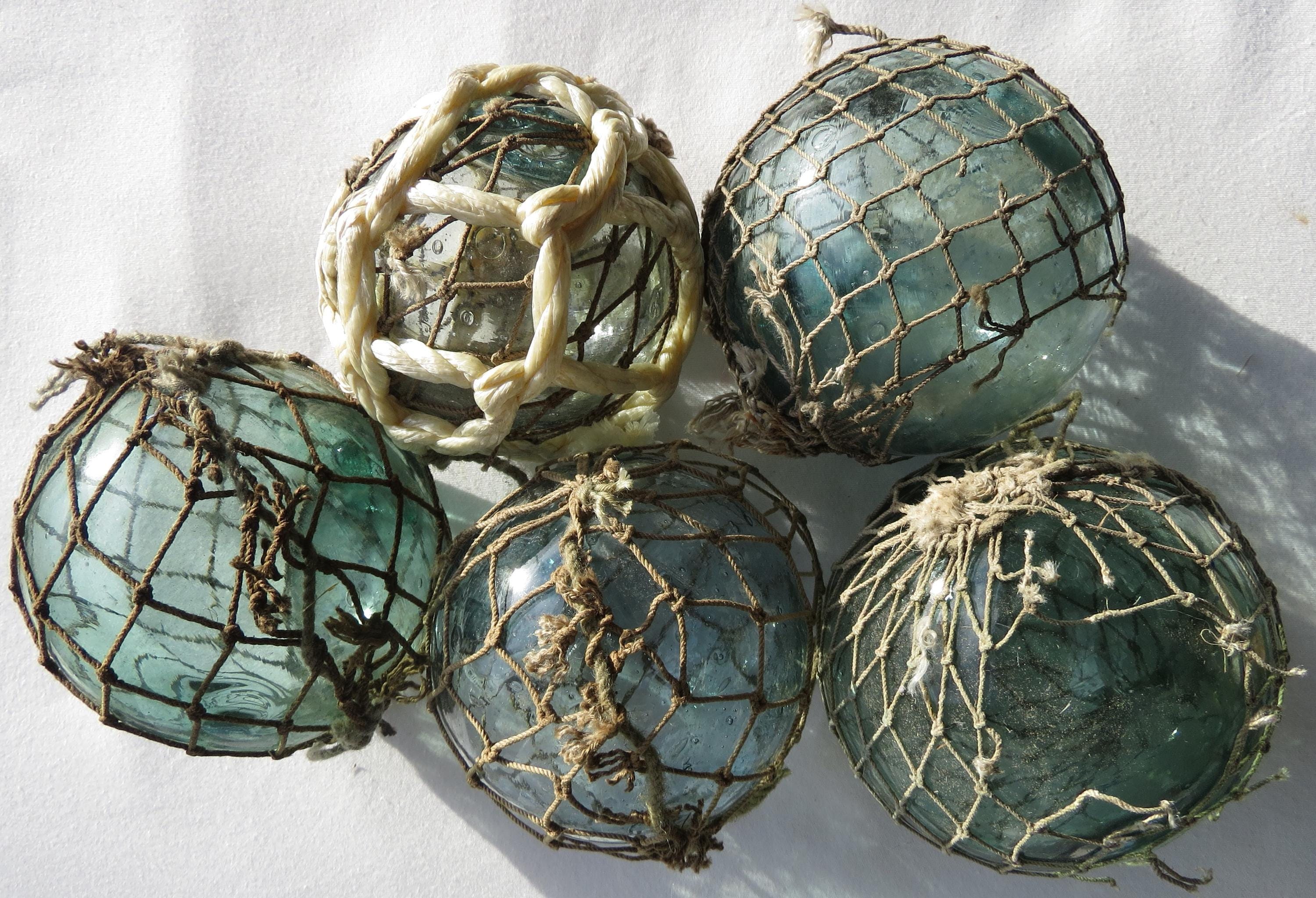 Japanese Glass (5) Floats 3-3.5" Antique Nets Disruptions Mixed Hues: Aqua/Blue/Green Sea Debris Ocean Fishing Beach Pool Tiki Decor Set AA