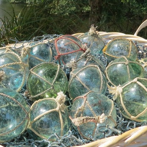 Vintage Japanese Glass FLOATS 2 Lot of 15 NETTED Ocean Fishing Decor Authentic Artisan Blue-Green Aqua Shades image 9