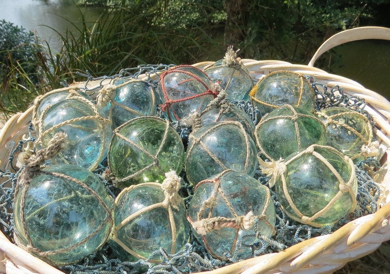 Vintage Japanese Glass FLOATS 2 Lot of 15 NETTED Ocean Fishing Decor Authentic Artisan Blue-Green Aqua Shades image 9