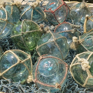 Vintage Japanese Glass FLOATS 2 Lot of 15 NETTED Ocean Fishing Decor Authentic Artisan Blue-Green Aqua Shades image 6