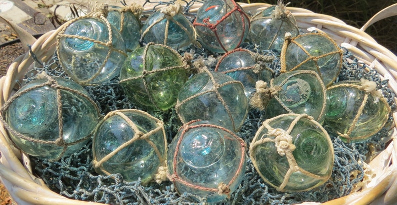 Vintage Japanese Glass FLOATS 2 Lot of 15 NETTED Ocean Fishing Decor Authentic Artisan Blue-Green Aqua Shades image 6