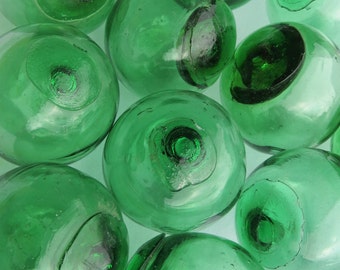 Asian Blown Glass FLOATS 2" Lot-10 Dramatic EMERALD GREEN Ocean Fishing Decor Tiki Beach Vintage!