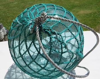 Japanese Blown Glass Float 9"D XL Pale Aqua w/Green Net Loop Handle UNIQUE Antique 26P