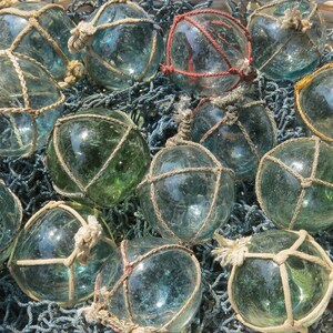 Vintage Japanese Glass FLOATS 2 Lot of 15 NETTED Ocean Fishing Decor Authentic Artisan Blue-Green Aqua Shades image 5