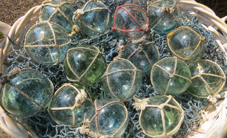 Vintage Japanese Glass FLOATS 2 Lot of 15 NETTED Ocean Fishing Decor Authentic Artisan Blue-Green Aqua Shades image 5