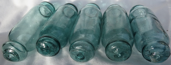 Japanese Glass Floats 6 Inch Length ROLLING PIN Lot-5 FIVE Ocean Fishing  Decor Rollers Artisan-blown Balls Blue-green Aqua Shades Vintage 