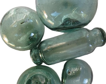JAPANESE Glass Blown Fishing FLOATS Lot-5 Mixed Sizes INCLUSIONS Sea Greens Authentic Antiques