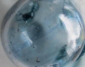 JAPANESE Blown Glass Fishing Floats 3-3.5" Lot-5 Aqua-Blue w/Cobalt Blue Swirls Bubbles ANTIQUES!