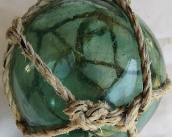 Japanese Blown Glass Fishing Float 5"D Sea Green Seal Button Netted in RARE SIZE Maritime Relic Antique