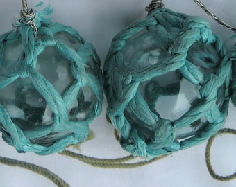 Vintage Japanese BLOWN Glass FLOATS Blue-Green Aqua 2.5" Lot of 4 Aquamarine NETTED Long-String Ocean Rope Fishing Tiki Decor