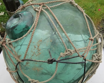 XL Asian Blown Glass Fishing Float 14" Across Aqua Netted Grubby Antique 26Q
