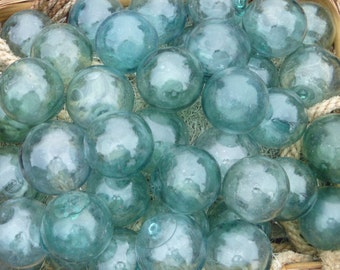 Vintage Japanese Glass FLOATS 3&quot; Lot of 5 Blue-Green Aqua Vintage Tiki Pool Yard Decor