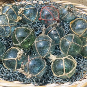 Vintage Japanese Glass FLOATS 2 Lot of 15 NETTED Ocean Fishing Decor Authentic Artisan Blue-Green Aqua Shades image 10