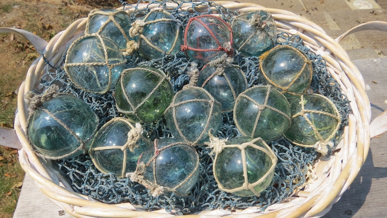 Vintage Japanese Glass FLOATS 2 Lot of 15 NETTED Ocean Fishing Decor Authentic Artisan Blue-Green Aqua Shades image 10