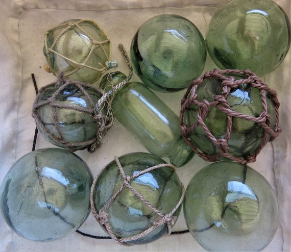 Japanese Glass FLOATS Mixed Sizes Lot of 9 Sea-green SHADES Netted & Plain  Maker's Mark Bubbles Ocean Fishing Maritime Antiques 