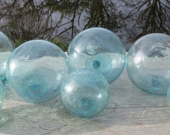 4 3-3.5"& 3 2" SEA GREEN Vntg Japanese Blown Glass Floats LOT of 7 Mixed: 